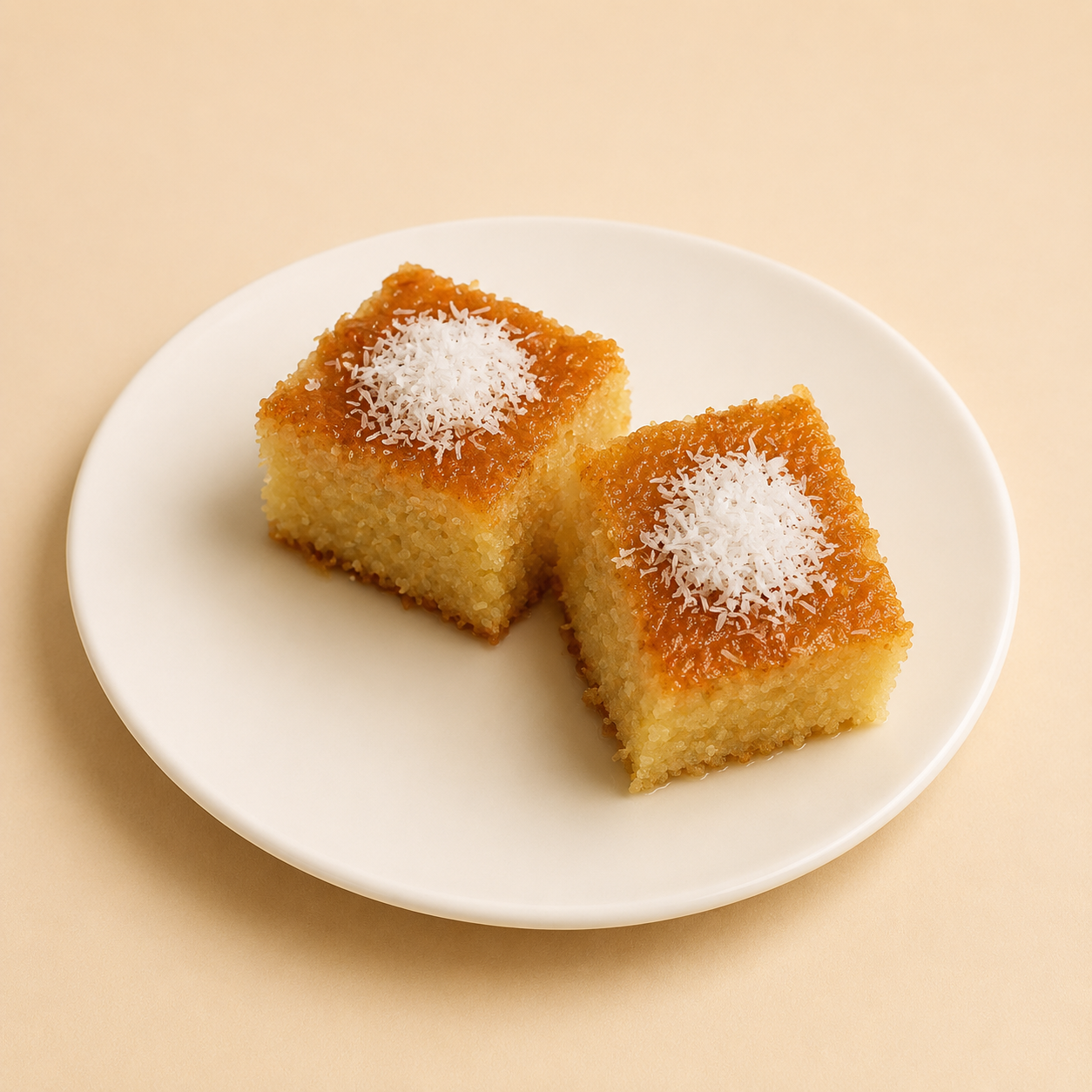 Golden semolina cake soaked in syrup, topped with toasted coconut